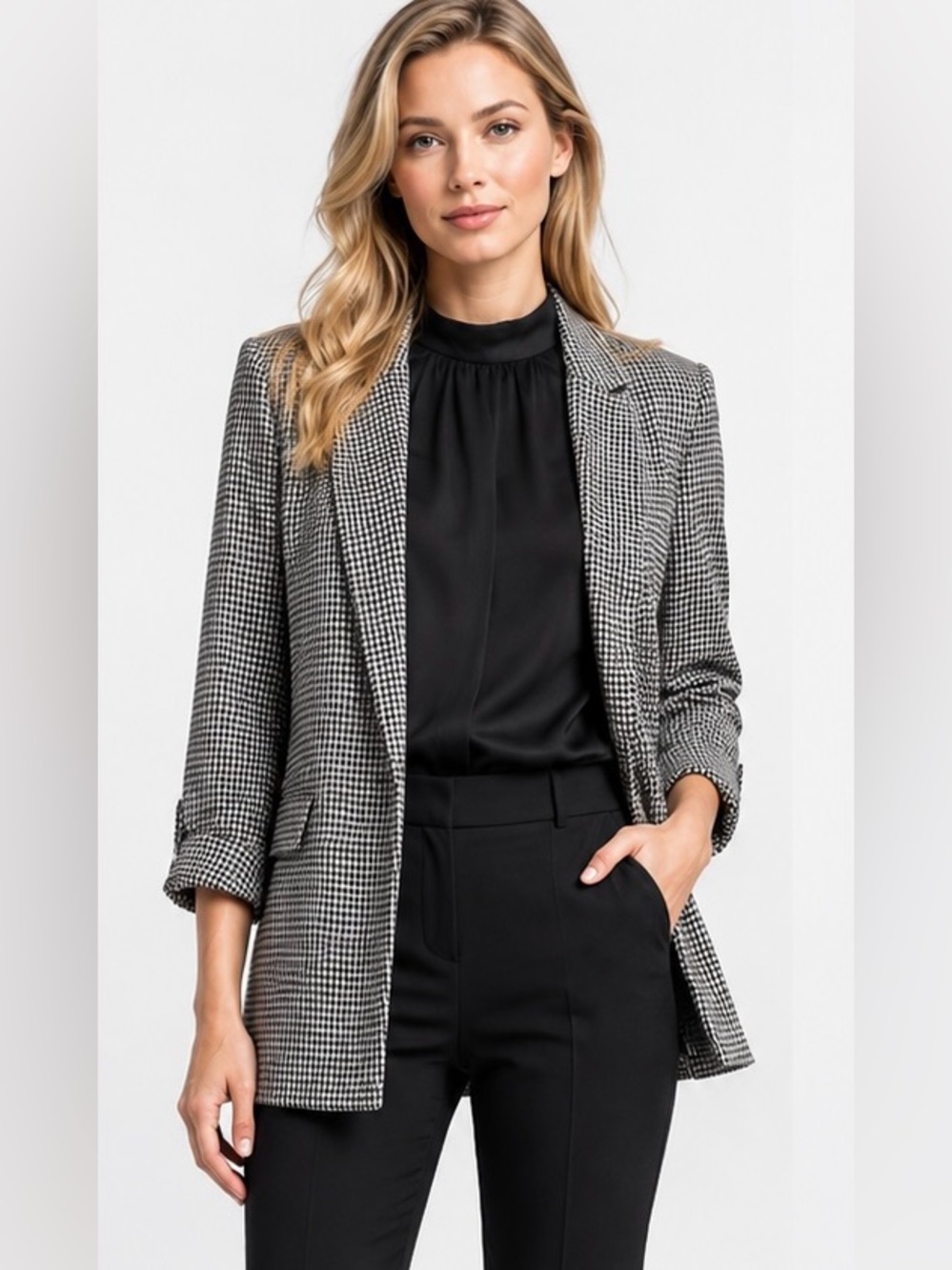 Rachel Zoe Light weight Houndstooth Blazer, Ruched Sleeve Black and White
